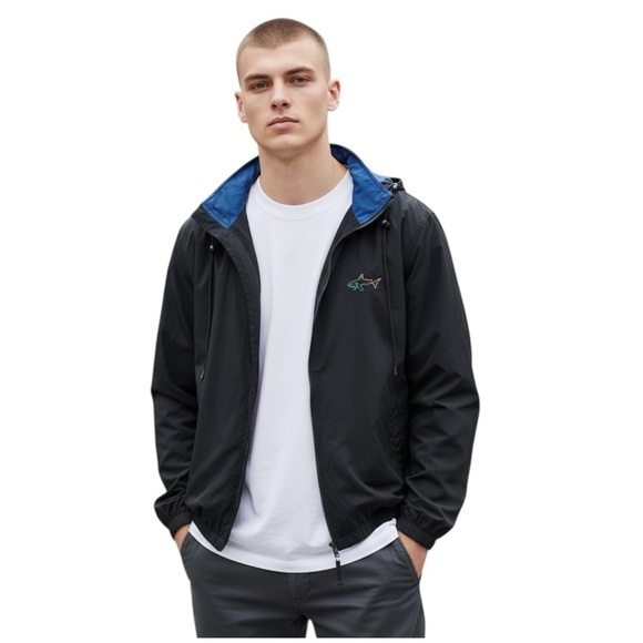 Greg Norman Windbreaker, Full Zip, Packable Hood, Men’s, Blue/Black, Size Large - Picture 12 of 12